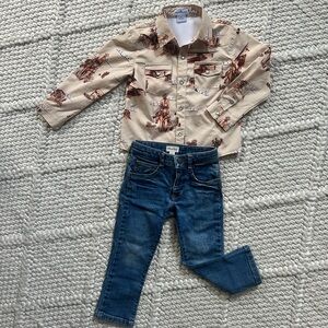 Hatley jeans and blue Quail 50 UPF Western-Print Shirt with Brown Motif.